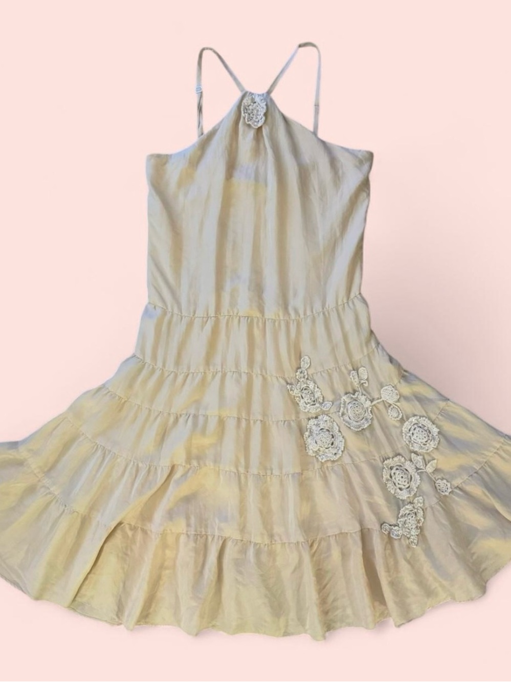 BCBGMAXAZRIA 100% Silk Halter Crochet Lace Boho Dress